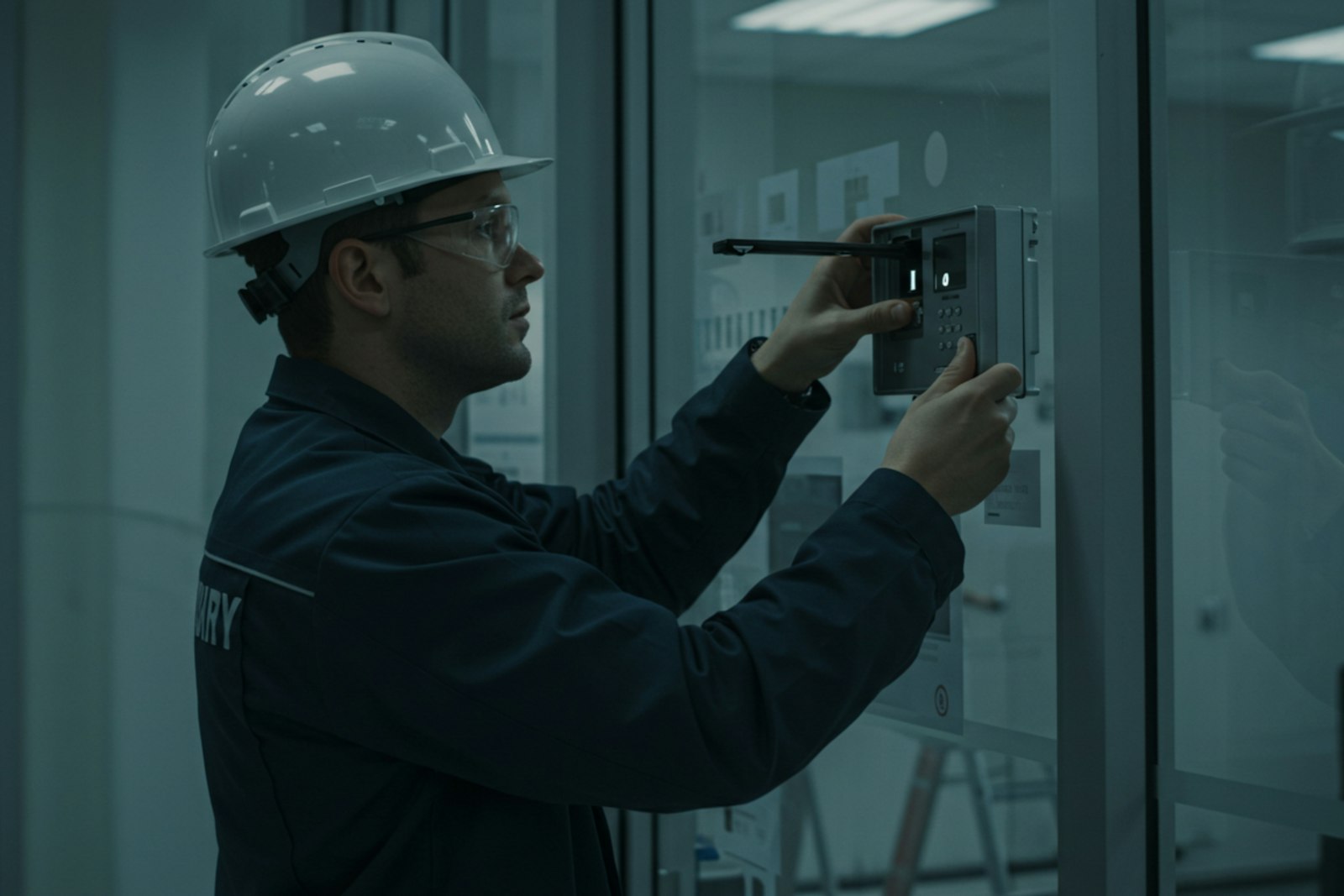 Engineer in a hard hat working at a panel