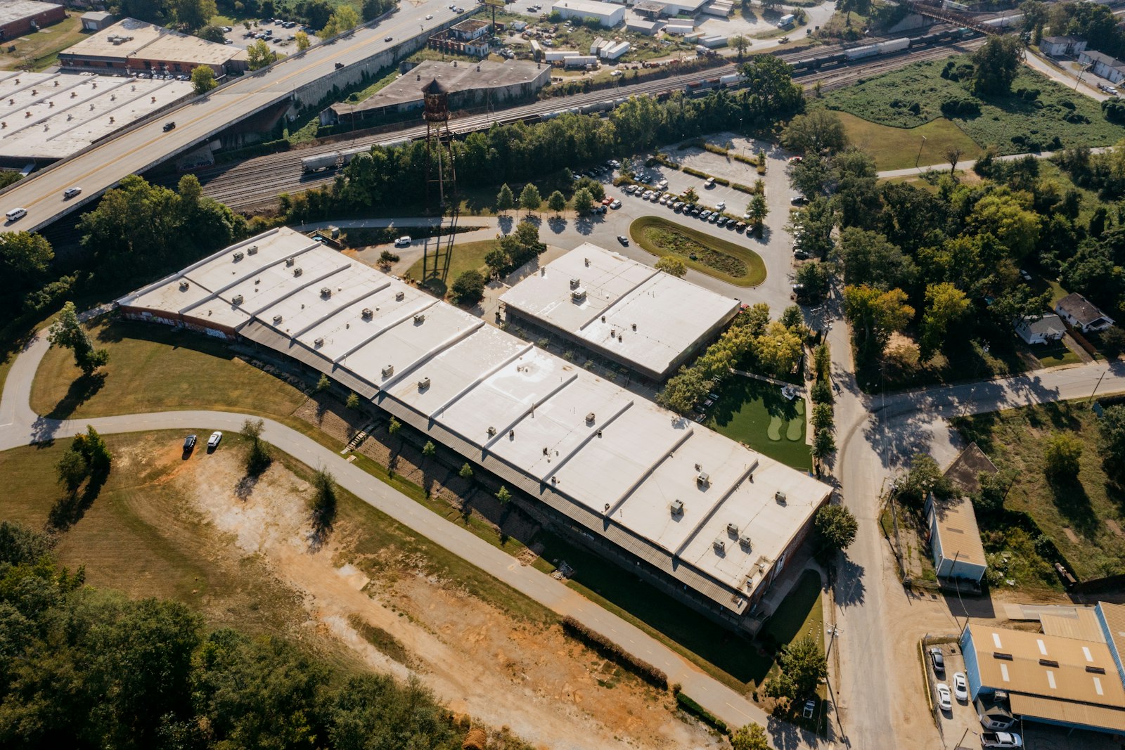 Aerial view of warehouse roofs