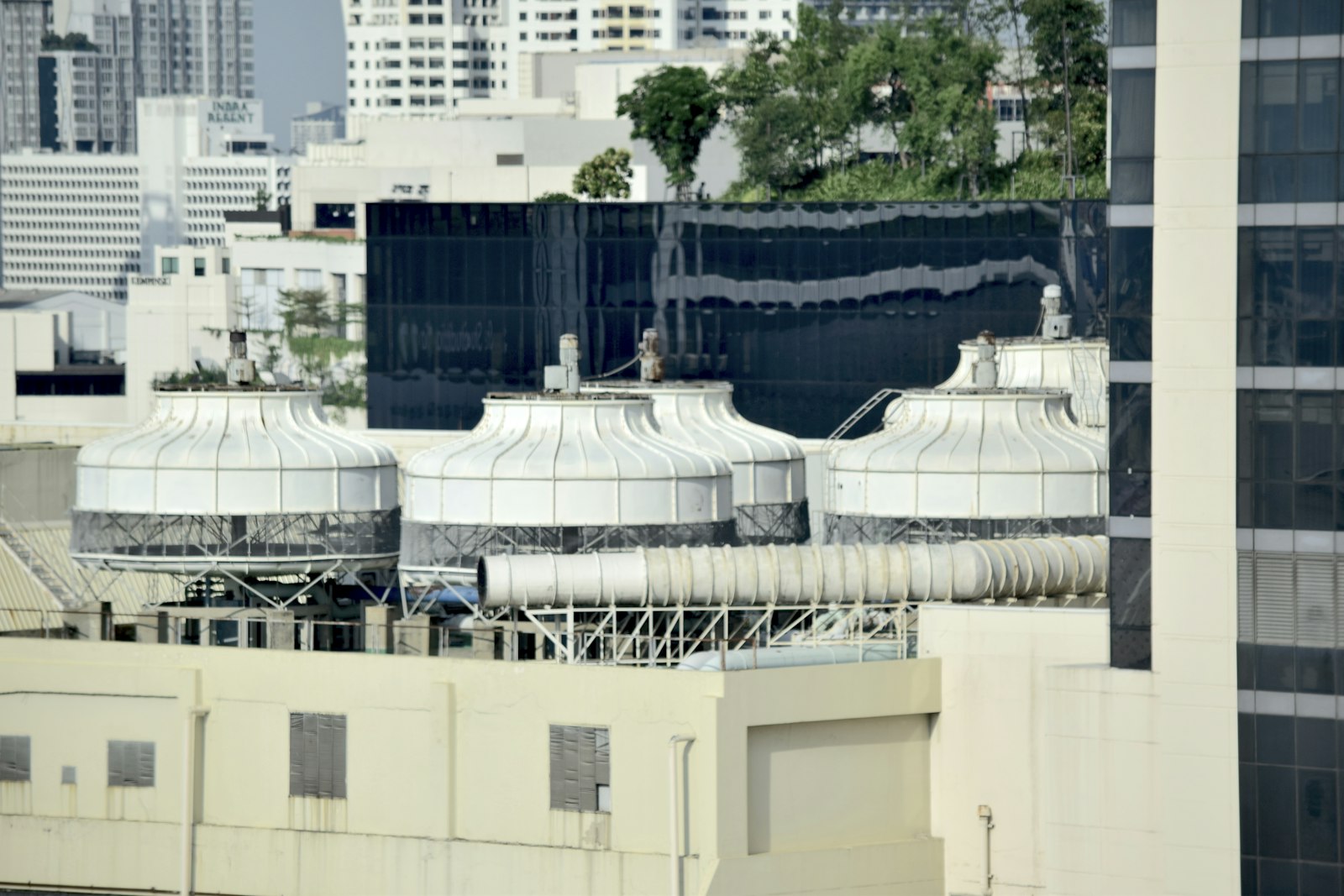 Rooftop cooling towers in a city