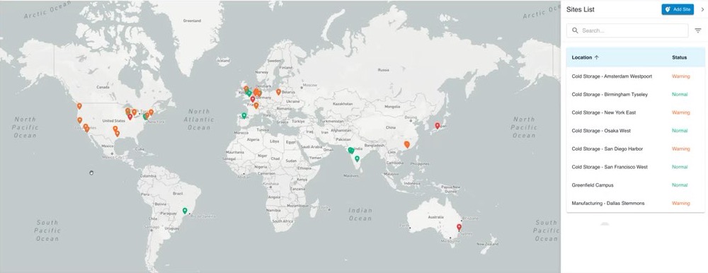 The Aqueduct site map gives a portfolio view of every site, with live status for each one.